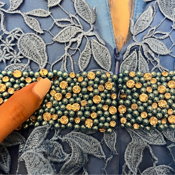 JVN by Jovani Blue V Neck Tulle Prom Ball Gown Lace Floral Appliqués - Picture 13 of 17